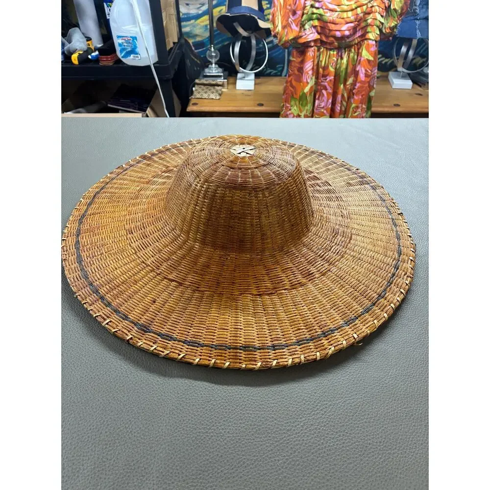 Vintage Handwoven Asian Rattan Sun Hat Large Woven Rice Hat Decorative Wall Art